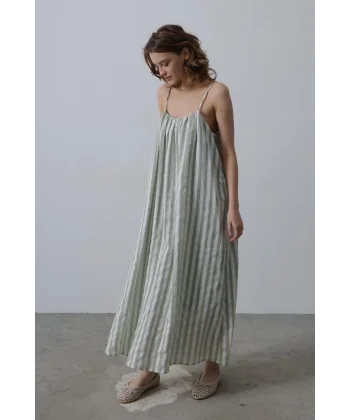 Askılı Çizgi Desen Elbise - Haki