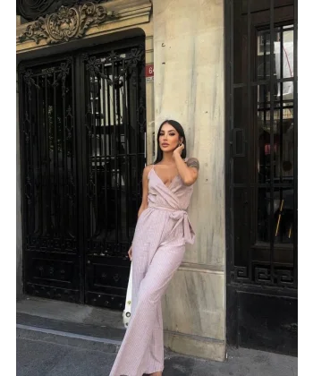 ASKILI ÇİZGİLİ KETEN TULUM - Bej