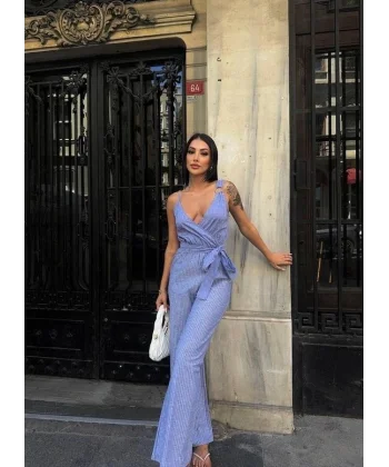 ASKILI ÇİZGİLİ KETEN TULUM - Mavi