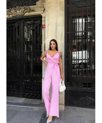 ASKILI ÇİZGİLİ KETEN TULUM - Pembe