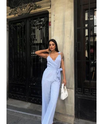 ASKILI ÇİZGİLİ KETEN TULUM - Turkuaz