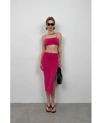 Askılı Crop Yırtmaçlı Etek Takım