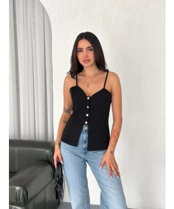Askılı Dekolte deraylı bluz crop - Siyah