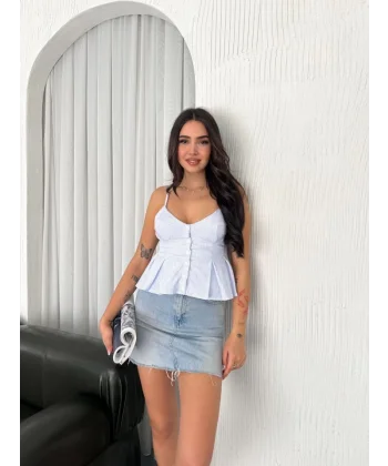 Askılı Dekolte Deraylı Crop - Açık Mavi