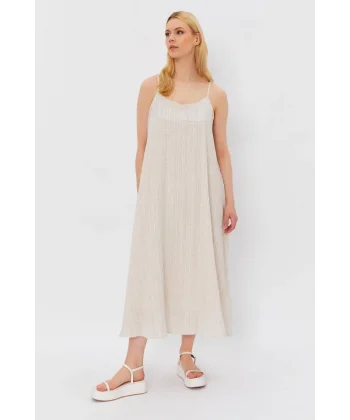 Askılı Uzun Çan Elbise - Natür