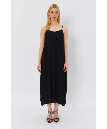 Askılı Uzun Çan Elbise - Siyah