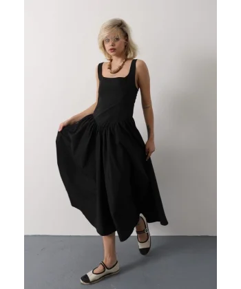 Askılı Uzun Elbise - Siyah