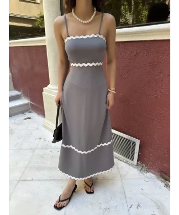 Askılı Uzun Şerit Detaylı Şık ve Rahat Elbise - Gri