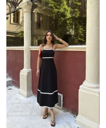 Askılı Uzun Şerit Detaylı Şık ve Rahat Elbise - Siyah