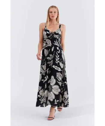 Askılı Viscon Elbise - Siyah