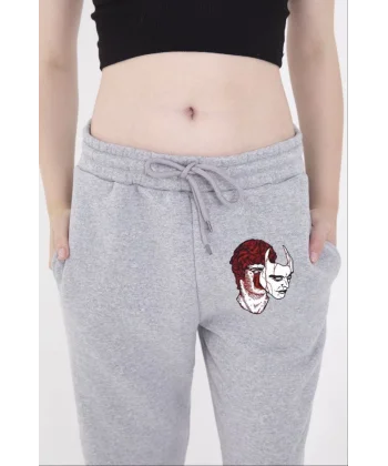 astikli Baskılı Eşofman Pantolon  Gri