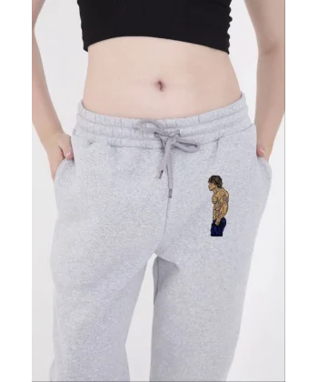 astikli Üç İplik Baskılı Eşofman Pantolon  Gri