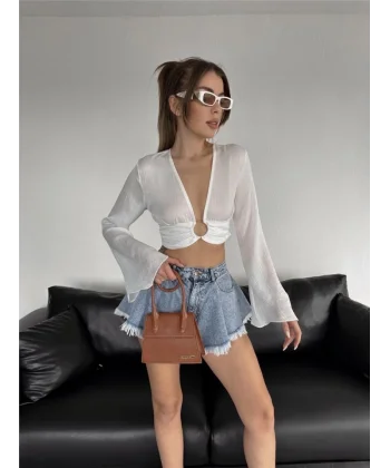 ATEN CROP TOKA DETAYI BUZ  Beyaz