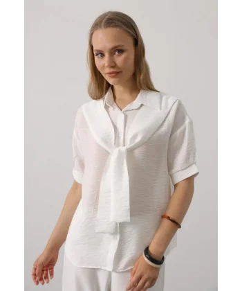 Atkı Detaylı Yarım Kol Gömlek - Beyaz