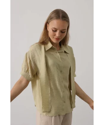 Atkı Detaylı Yarım Kol Gömlek - Yağ Yeşili
