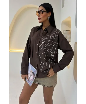 Ay Figürlü Taş İşlemeli Poplin Gömlek 3440