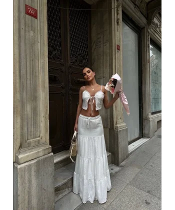 Bağacıklı Uzun Etek  Beyaz