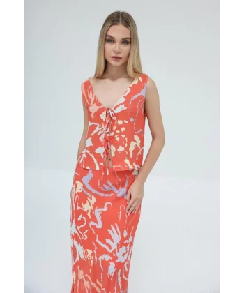 Bağcıklı Bluzlu Etek Takım  Kırmızı