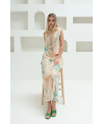 Bağcıklı Bluzlu Etek Takım  Pudra