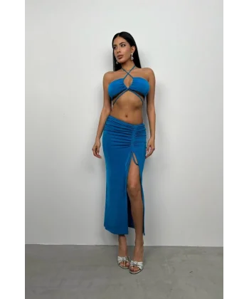 Bağcıklı Crop Büzgülü Etek Takım