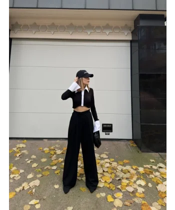 Bağcıklı Palazzo Bol Paça Pantolon - Siyah