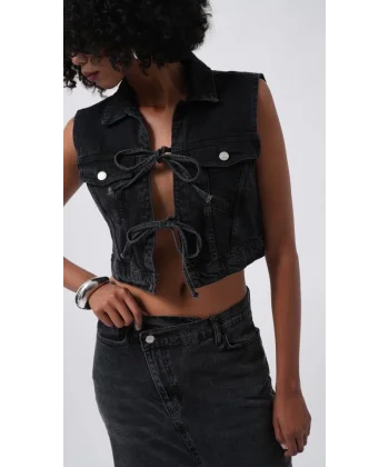 Bağlama Detay Denim Yelek