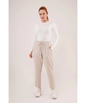 Bağlama Detaylı Cepli Krem Pantolon