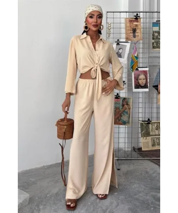 Bağlamalı Gömlek Ve Yırtmaç Pantolonlu Ayrobin Takım 10179