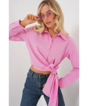 Bağlamalı Uzun Kol Gömlek 20325 - Pembe