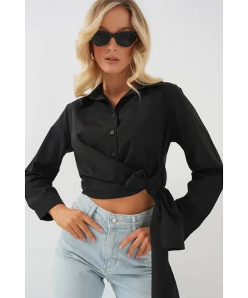 Bağlamalı Uzun Kol Gömlek 20325 - Siyah