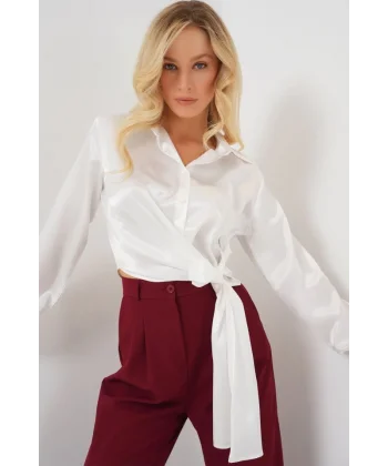 Bağlamalı Uzun Kol Saten Gömlek 20287 - Beyaz