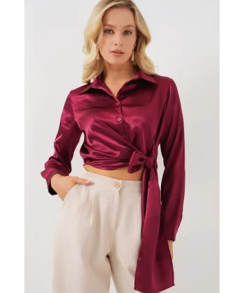 Bağlamalı Uzun Kol Saten Gömlek 20287 - Bordo