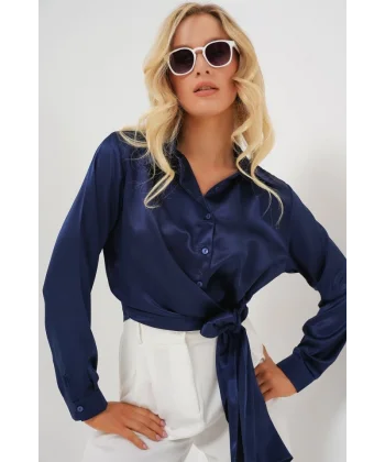Bağlamalı Uzun Kol Saten Gömlek 20287 - Lacivert