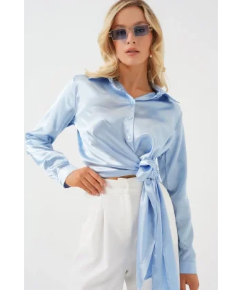 Bağlamalı Uzun Kol Saten Gömlek 20287 - Mavi