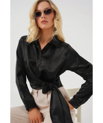 Bağlamalı Uzun Kol Saten Gömlek 20287 - Siyah