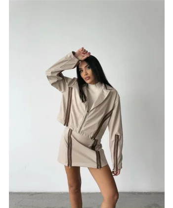 BAKAVA DERİ CROP CEKET FERUAR AKEUAR DETAYI  Bej