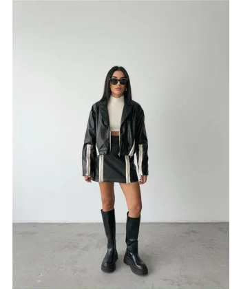 BAKAVA DERİ CROP CEKET FERUAR AKEUAR DETAYI  iyah