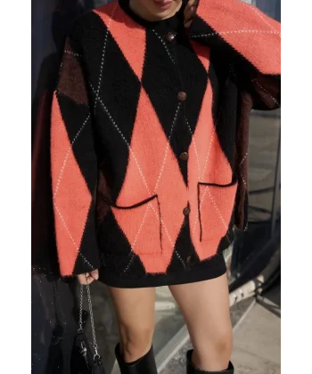 Baklava Desen Cepli Hırka  SiyahNeon Oranj