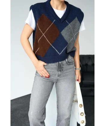 Baklava Desen Süveter - Lacivert-Acı Kahve