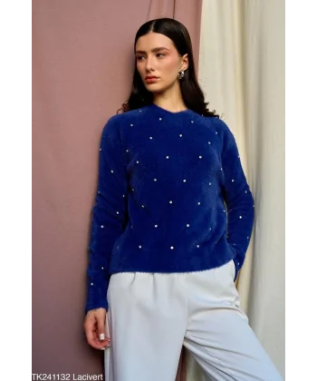 Baklava Desen Taşlı Kazak  Lacivert