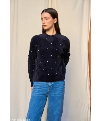 Baklava Desen Taşlı Kazak  Siyah