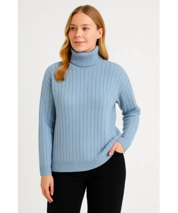 Balıkcı Yaka Bağazlı Triko Kazak Pamuklu Kalın Fitilli Dokuma - Bebek Mavisi