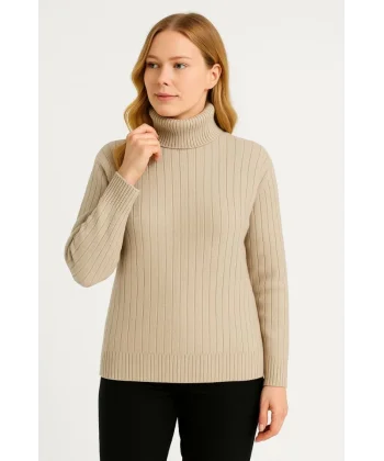 Balıkcı Yaka Bağazlı Triko Kazak Pamuklu Kalın Fitilli Dokuma - Bej