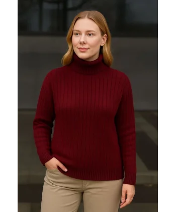 Balıkcı Yaka Bağazlı Triko Kazak Pamuklu Kalın Fitilli Dokuma - Bordo