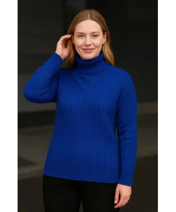 Balıkcı Yaka Bağazlı Triko Kazak Pamuklu Kalın Fitilli Dokuma - Saks Mavisi