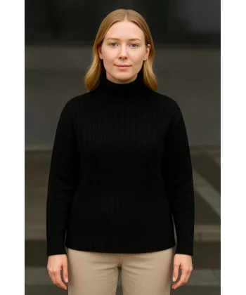 Balıkcı Yaka Bağazlı Triko Kazak Pamuklu Kalın Fitilli Dokuma - Siyah