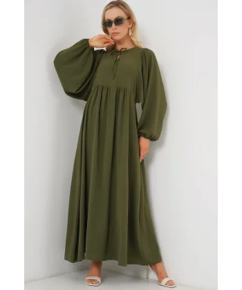 Balon Kol Uzun Tesettür Elbise 2464 - Haki