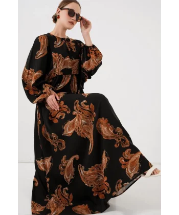 Balon Kol Uzun Tesettür Elbise 2464 - M. Taba