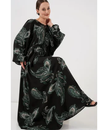 Balon Kol Uzun Tesettür Elbise 2464 - Y.Yeşil