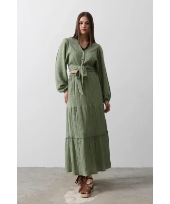 Balon Kollu Etekli Kaş Takım  Haki